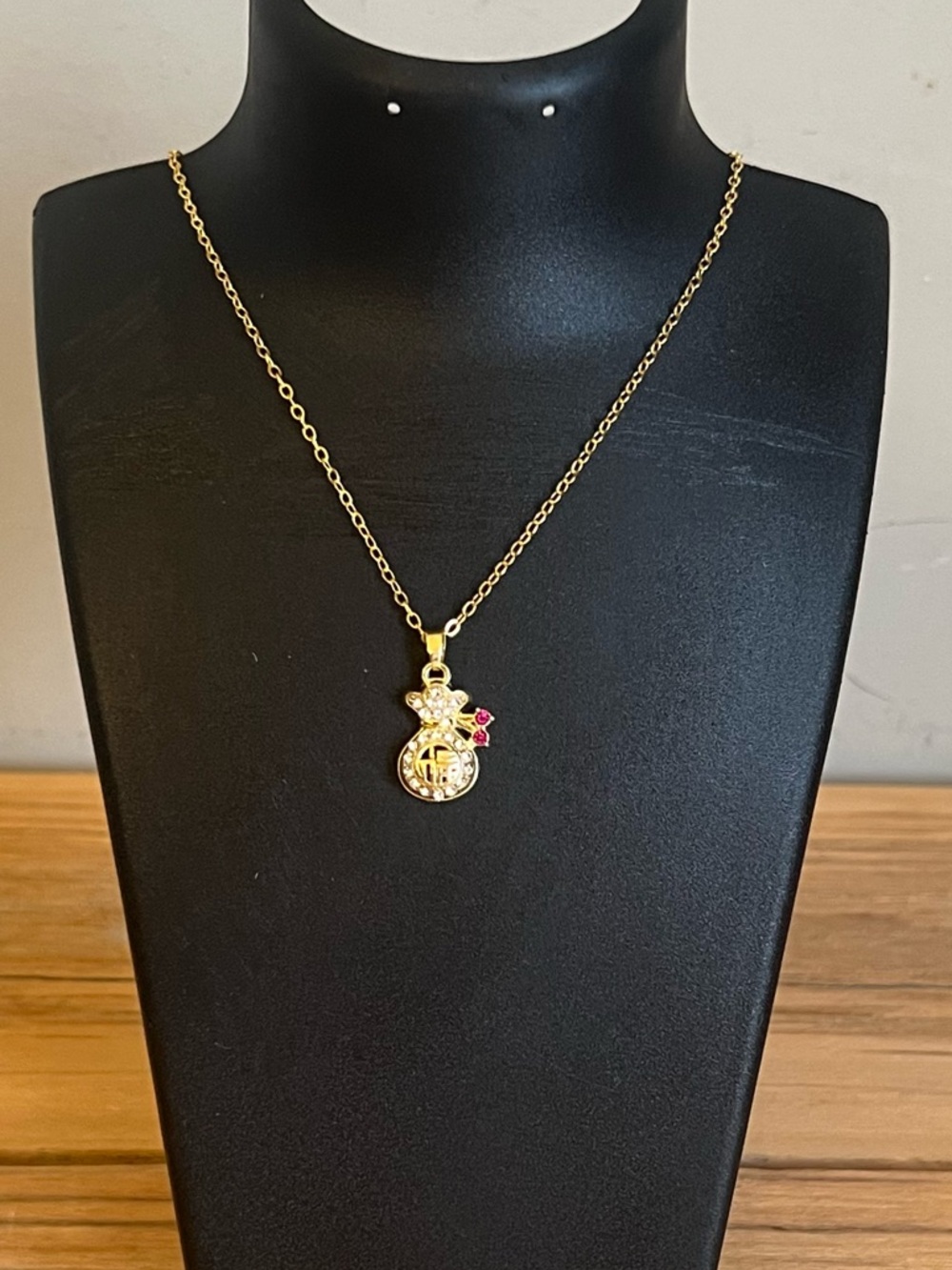 Gold Plated  Lucky Bag Necklace with Cubic Zirconia Charm and Pink Accents